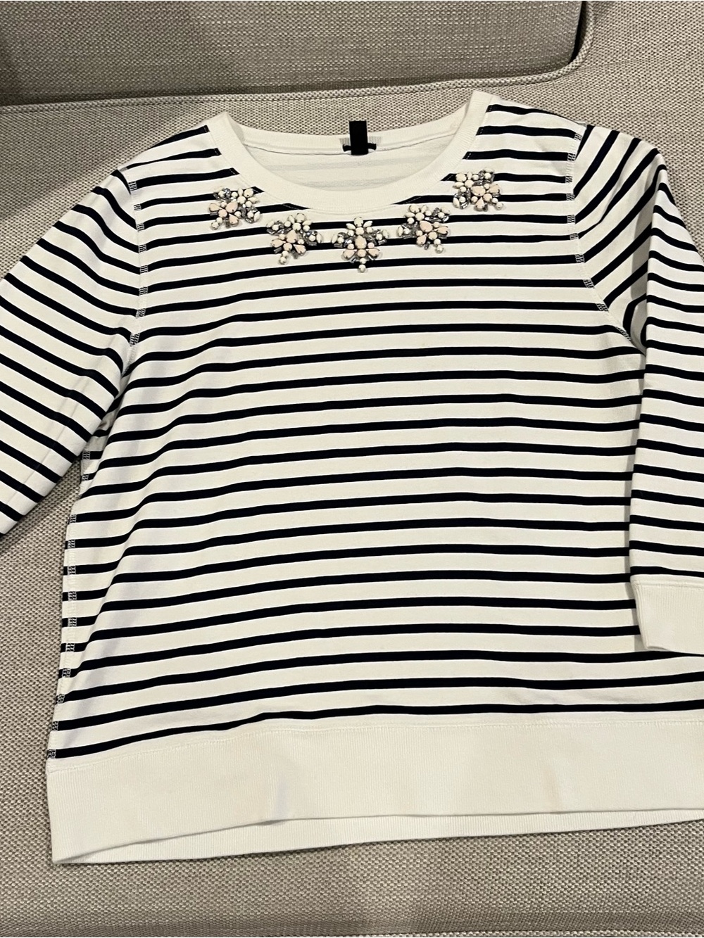 J. Crew Blue & White Striped Embellished Jewel-Neck Sweatshirt